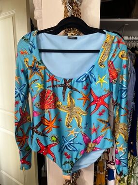 Versace Turquoise Starfish & Seashell Print Long-Sleeve Bodysuit